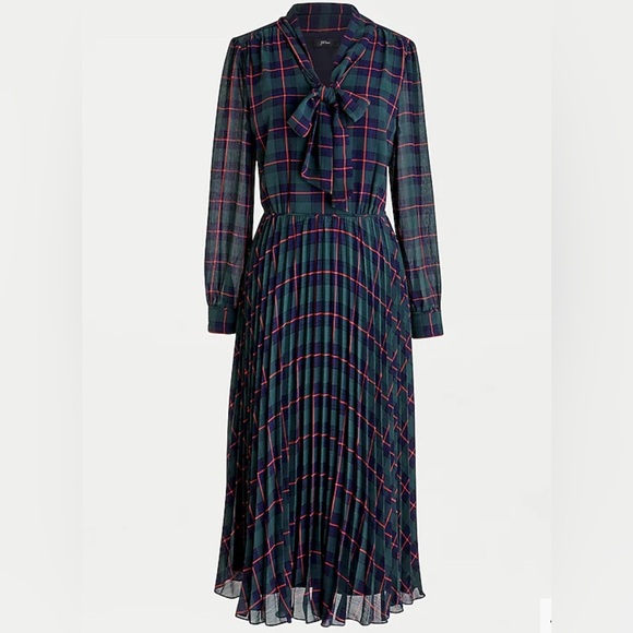 J. Crew Tie-neck Pleated A-line Dress In Black Watch Tartan - Picture 3 of 8